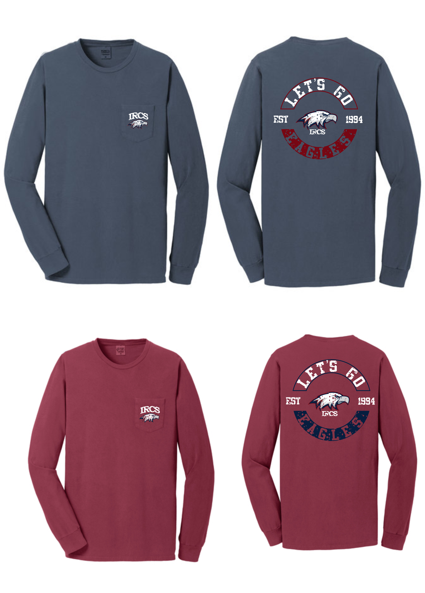 IRCS Let's Go Eagles Long Sleeve -PC099LSP Port & Company® Beach Wash® Garment-Dyed Long Sleeve Pocket Tee